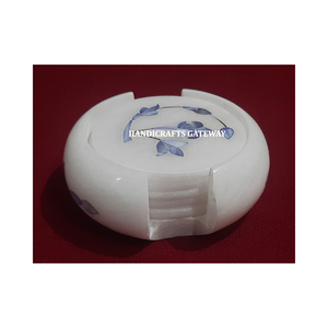 Best Quality White Marble Round Shape Blue Mother Of Pearl Inlay Floral Design <b>Caster</b> Set Use For Put On Water Glass And Tea <b>Cup</b> - Product Image 2