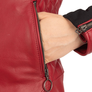 Chaqueta de moto de invierno roja auténtica para mujer, cuero de carreras protegido CE con armadura para mujer, técnica impresa de talla grande - Product Image 4