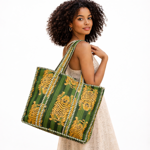 Grand sac fourre-tout à rayures de tigre imprimé en blocs durables-Shopper en coton vert - Product Image 2