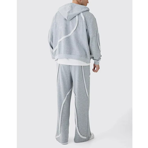 Algodón de alta calidad French Terry Streetwear gris pierna ancha de gran tamaño Boxy Zip Panel Wide Jogger hombre chándal conjunto - Product Image 3