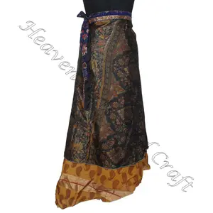 New Fashion Ladies Indian Silk Sari Fabric Wrap Skirt 2 Layer Reversible Magic Silk Saris Wrap Long Skirt 100 ways to wear magic