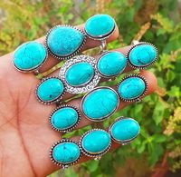 925 Argent Sterling Plaqué Naturel Tibétain Turquoise Gemme En Vrac Lot Ovale Lunette Réglage Cocktail Anneau À La Main Bijoux De Mode