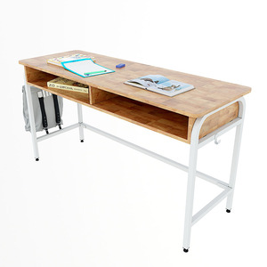Bureau d'enseignant double moderne UNI 04 avec tiroirs, en bois d'hévéa et pieds en fer, assemblage requis PSD022 - Product Image 1