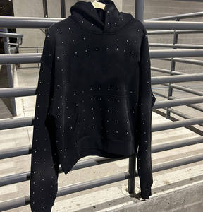 Sudadera con Capucha Negra para Hombre, Estilo Urbano, Lavado Ácido Personalizado, 100% Algodón, Estampado con Pedrería, Talla Grande, Venta Caliente - Product Image 3