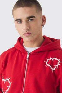 Dernier design streetwear, sweat-shirt oversize rouge à fermeture éclair, imprimé cœur, basique, en coton mélangé, sweat-shirts personnalisés en gros pour hommes - Product Image 2