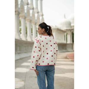 Women's Boho Chic White Cotton Quilted Kantha <b>Jacket</b> <b>Short</b> Suzani Kimono Coat Strawberry Embroidery Handmade All Season Warm - Product Image 2