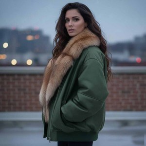 Chaqueta de Cuero Genuino para Mujer, Estilo Bomber y Motera, con Cuello de Piel de Zorro, Cierre de Cremallera, Cortavientos, Ropa de Abrigo para Invierno - Product Image 3