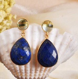 Aretes de Plata Esterlina 925 al por Mayor, Chapados en Oro de 18K, con Amatista Verde Redonda de 8mm y Lapislázuli Natural en Forma de Pera de 15×20mm, 4.5 Pulgadas, 15g - Product Image 5
