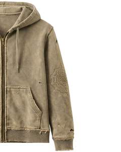 Sudadera con Capucha y Cremallera Color Caqui Lavado para Mujer, Estilo Urbano Desgastado, Bordado de Telaraña, Chaqueta con Capucha de Algodón y Felpa, Personalizada - Product Image 3