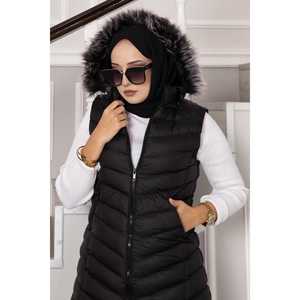 Chaleco Acolchado con Capucha para Mujer, Talla Grande, Color Negro, Largo, Decoración Vintage Bordada, Tejido de Punto, Cuero - Product Image 2