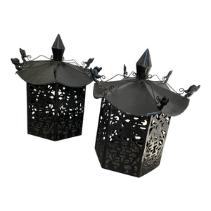 Wholesale Decorative Grey Metal Pagoda Lantern With Glass Panels And <b>Gold</b> <b>Trim</b> Tabletop Candle Holder For Indoor & Events - Product Image 6