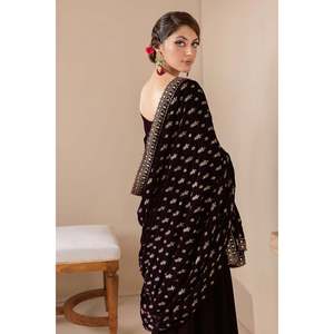 Luxurious Embroidered Velvet <b>Shawl</b> VS-42-Soft Floral & Solid Print Winter Ethnic Style - Product Image 3