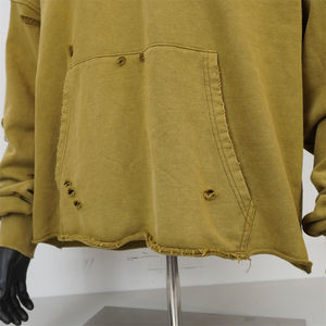 Best Selling Men's Vintage Ripped <b>V</b>-Neck Blank Drop Shoulder French Terry Acid <b>Wash</b> Distressed Cropped Hoodie High Winter - Product Image 3