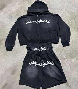 Double Waisted Rhinestone Acid Wash Sweatsuit for <b>Men</b> Sun Faded Cotton Zip Hoodie & Flared Sweatpants Set - Product Image 1