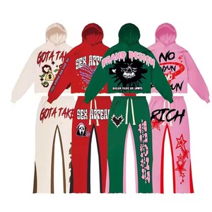 2025 nouveau Style 100% coton hommes fermeture éclair sweats à capuche et pantalon évasé Logo personnalisé 2 pièces hommes ensemble décontracté survêtement pour hommes - Product Image 2