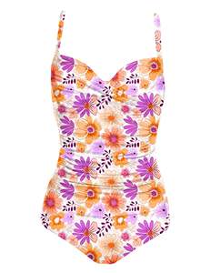 Maillot de bain une pièce blanc pour femme avec imprimé floral orange et violet, devant froncé et bretelles réglables, maillot de bain de course pour la plage - Product Image 1