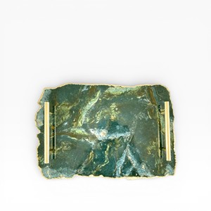 Rectangular Blue Natural Agate Stone Serving Tray with Polished <b>Crystal</b> Pattern and Ornate Antique Gold Side Handles - Product Image 4