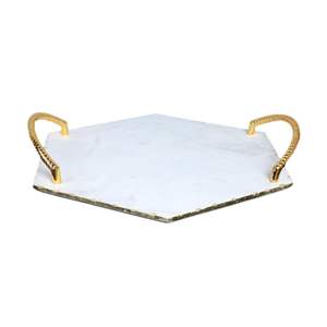 Bandeja de mármol en forma de hexágono blanco con mango de metal dorado - Product Image 1