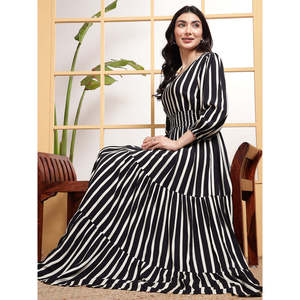 Deebaco Women's Striped V-Neck Maxi <b>Dress</b> 3/4 Sleeve A-Line Loose Fit Breathable Summer Casual Long <b>Dress</b> With Layered Hem - Product Image 1