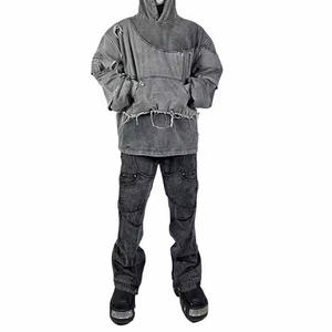 Venta al por mayor ropa de calle personalizada rasgada hombres piedra lavado con ácido de alta calidad de doble capa dobladillo crudo desgastado Sudadera con capucha para hombres - Product Image 6