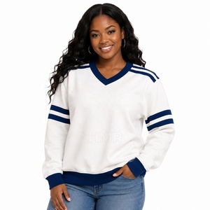 Pull en tricot blanc à col en V HMR Sisterhood Sorority avec rayures contrastées bleues, haut décontracté à manches longues - Product Image 1
