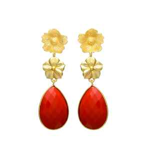 Nueva llegada Golden Flower Top Red Onyx Gemstone Tear Drop Pendientes - Product Image 1