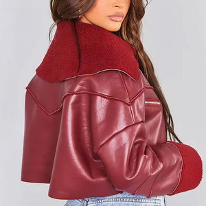 Chaqueta de Cuero Sintético Roja para Mujer, con Cuello de Piel, Manga Larga, Cierre de Cremallera, Chaquetas de Cuero de Marca Privada - Product Image 3