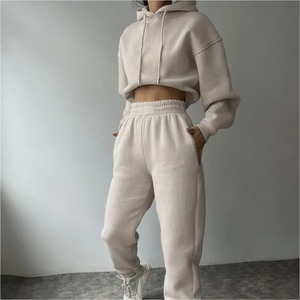 Custom 100% Organic Cotton Fleece Pullover Oversize Hoodies Women's Sets Wholesale Two Piece <b>Crop</b> Top Sweat Pants <b>Jogger</b> Set - Product Image 2
