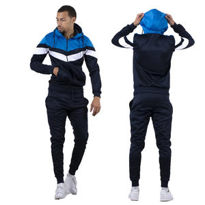 Conjunto deportivo para hombre, azul marino, azul cielo, blanco, con bloques de color en chevron, chaqueta con capucha y cremallera completa y pantalones jogger con puños, ropa deportiva. - Product Image 3