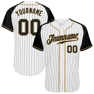 Ropa de equipo personalizada más vendida, camiseta de béisbol con mangas raglán auténticas de color blanco y negro a rayas y dorado antiguo - Product Image 1