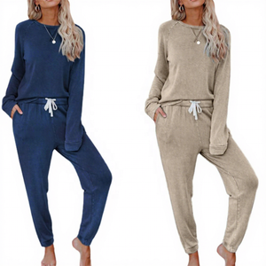 Ensemble de survêtement pour femme, couleur unie, manches longues, col rond, pantalon à cordon de serrage, coupe décontractée, tenue d'automne, longueur intégrale avec poche latérale - Product Image 1