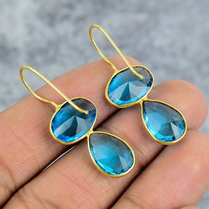 Handmade 925 Sterling <b>Silver</b> <b>Dangle</b> <b>Earrings</b> with Blue Topaz Gold Plated Oval Pear Gemstone for Party Women's Gift - Product Image 4