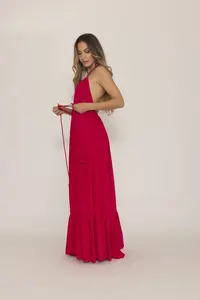 Attrayant vacances plage rouge sans manches vêtements femmes Boho col rond plaine dos nu longue Boho longue Maxi robe - Product Image 3