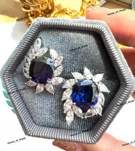 Elegant Silver Royal <b>Blue</b> Stone <b>Stud</b> <b>Earrings</b> Surrounded With Sparkling White Leaf Design Luxury Bridal Party <b>Earring</b> For Women - Product Image 2