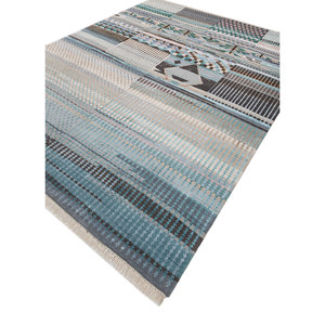 Tapis rectangulaire géométrique noué à la main en laine et soie de bambou Manchaha 10 mm pour salon, couloir - Les-2376 Couleurs Gris Noir - Product Image 2