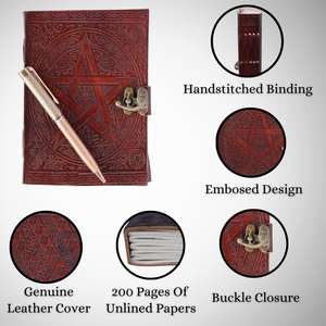 Handmade Genuine Leather Journal 7x5 Inches Star Embossed Unlined <b>Diary</b> with Antique <b>Lock</b> - Product Image 4