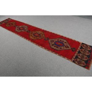 Turkish Vintage Rug, <b>Runner</b> 2.2x12.1 ft (68x370 cm) Rug, <b>Red</b> Solid Wool Rug - Product Image 2