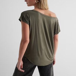 Vente chaude OFF épaule femmes T-shirts à manches courtes personnalisés 100% coton doux pour la peau femme hauts 2024 - Product Image 3