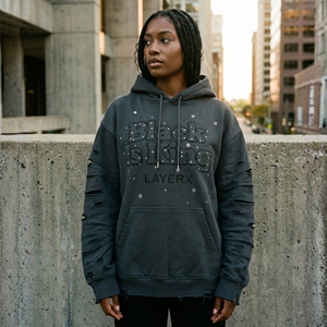 Sweat à capuche pour femme en molleton de coton 500 g/m², imprimé en relief, strass, effet vieilli, pull à badge, streetwear, vente en gros, personnalisable, en vrac - Product Image 5