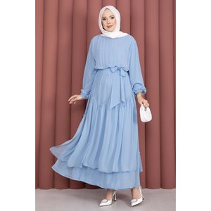 Vestido de Gasa Azul Bebé con Detalle de Volantes Asimétricos, Silueta en A Modesta con Cintura Imperio - Product Image 3