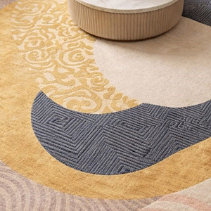 Tapis rond abstrait contemporain fait à la main en laine pour chambre à coucher, salon, décoration intérieure, cadeau de Nouvel An avec dos en latex - Product Image 4