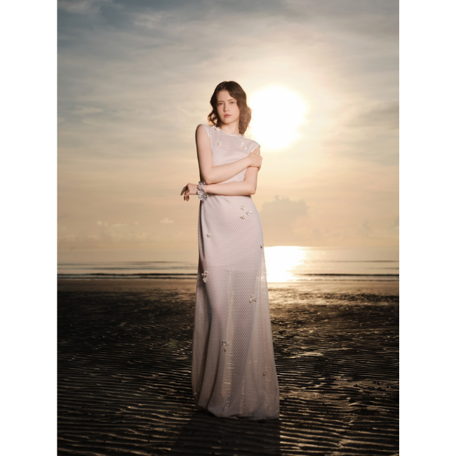 Elegant 2024 Design Women's Bodycon Dress CLIO LACE EMB LONG DRESS Relief  64% Organic Cotton 36% Polyester WHITE ANT Vietnam