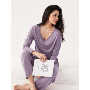 Ensemble de pyjama personnalisé haut de gamme pour la maison, confortable et relaxant, en tricot de bambou, avec dentelle, motifs géométriques et animaux de dessin animé, doux, en élasthanne, taille élastique - Product Image 4