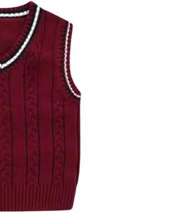 Maroon Knitted Sleeveless <b>Sweater</b> Vest With V Neck Trim <b>Cable</b> <b>Knit</b> Pattern Soft Warm Winter Wear For Students - Product Image 2