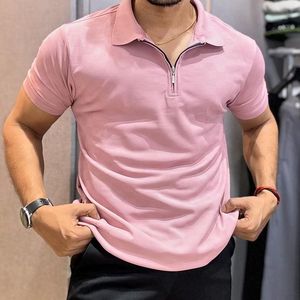 Camisa de Manga Corta para Hombre de Primera Calidad, Diseño con Cierre, Patrón Liso, Tela Satén de Spandex/Algodón, Estilo Urbano - Product Image 2