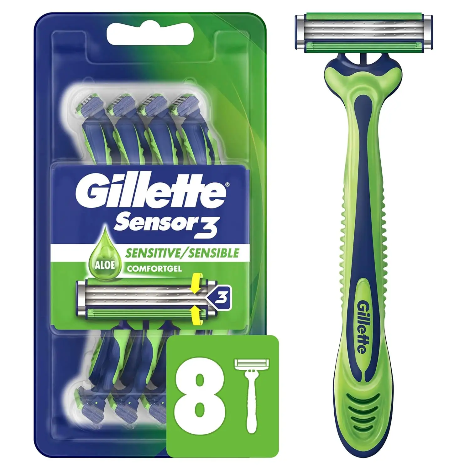 Gillette Sensor 3 pisau cukur pria sensitif-4 Pak | Sistem bilah tiga, pelumas yang ditingkatkan, perawatan kulit sensitif