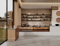 Comptoir de bar à café incurvé en pierre texturée avec vitrine intégrée pour boulangerie, comptoir de réception minimaliste pour café