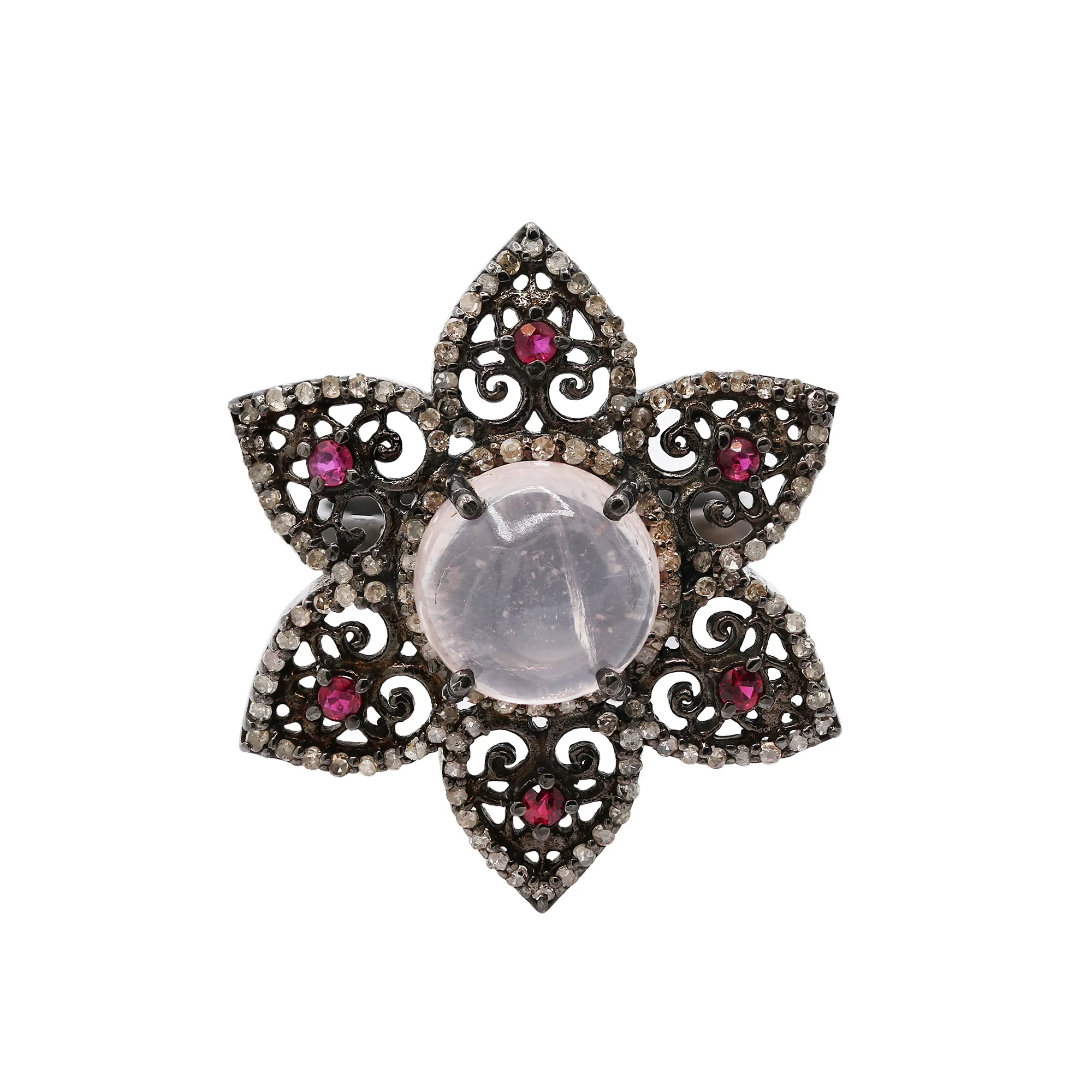 925 Sterling Silver Hitam Rhodium Kuarsa Mawar Alami, Ruby dan Cincin Bentuk Bintang Berlian untuk Wanita Perhiasan Grosir