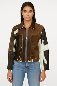 Chaqueta de mujer con estampado de piel de vaca de cuero genuino, ropa de invierno, chaqueta de cuero estilo motorista para mujer, abrigos con bolsillos naturales - Product Image 5
