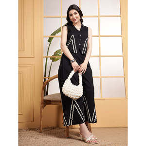 Conjunto de 2 Piezas Deebaco para Mujer, Color Negro, Estampado Geométrico, Blazer sin Mangas con Cuello en V y Pantalones Palazzo, Atuendo Casual Largo para Verano - Product Image 1